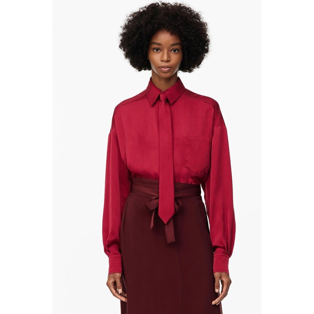 Zara NWT Burgundy Tie Neck Belted Midi Shirt Dress S M - Picture 9 of 16